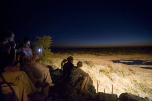 Beste Reisezeit Sternbeobachtung Namibia im Etosha Nationalpark - eine kleine Reisegruppe sitzt in der Nacht beim Moringa Wasserloch vor dem Halali Resort und wartet auf Sterne und Tiere credit: FernandoQuevedo - Stock-Fotografie-ID:541850900
